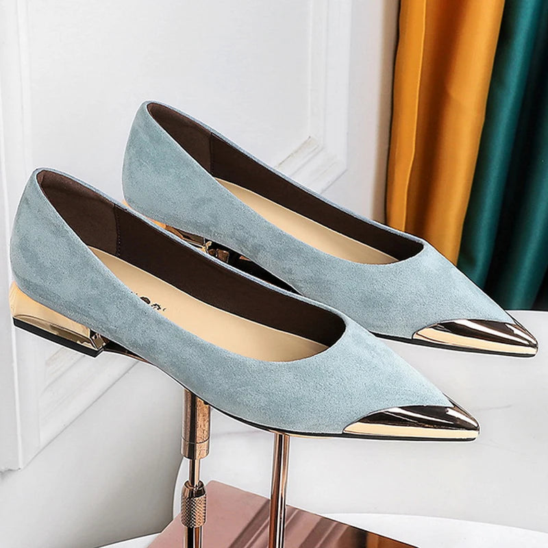 New Women Low Heeled Shoes Suede Ladies Shoes Metal Pointed Tip Women Shoes Comfort Female Shoes Low Heel Office Shoes 6 Color
