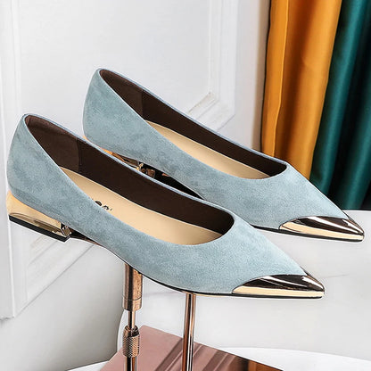 New Women Low Heeled Shoes Suede Ladies Shoes Metal Pointed Tip Women Shoes Comfort Female Shoes Low Heel Office Shoes 6 Color