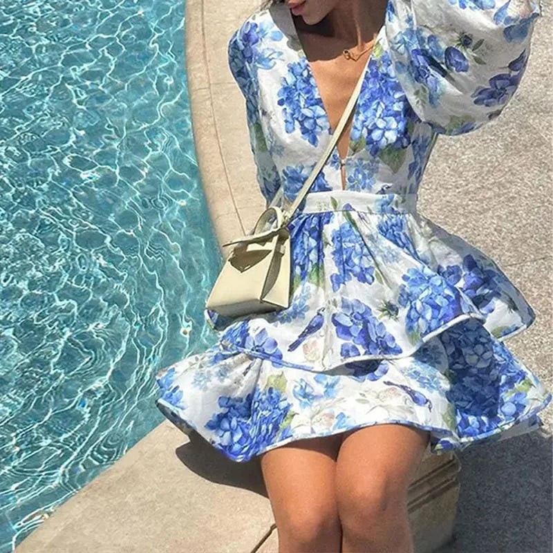 2025 Autumn New Stylish And Elegant Flower Print Women's Mini Dress Chic V-neck Puff Long Sleeve Double Layer Ruffle Mini Dress