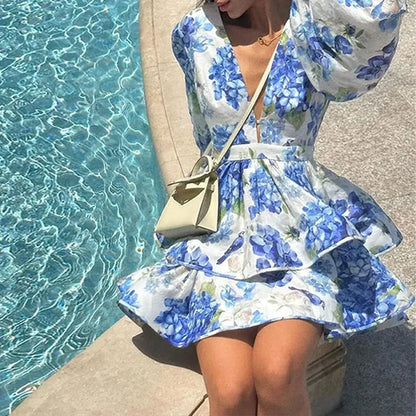 2025 Autumn New Stylish And Elegant Flower Print Women's Mini Dress Chic V-neck Puff Long Sleeve Double Layer Ruffle Mini Dress