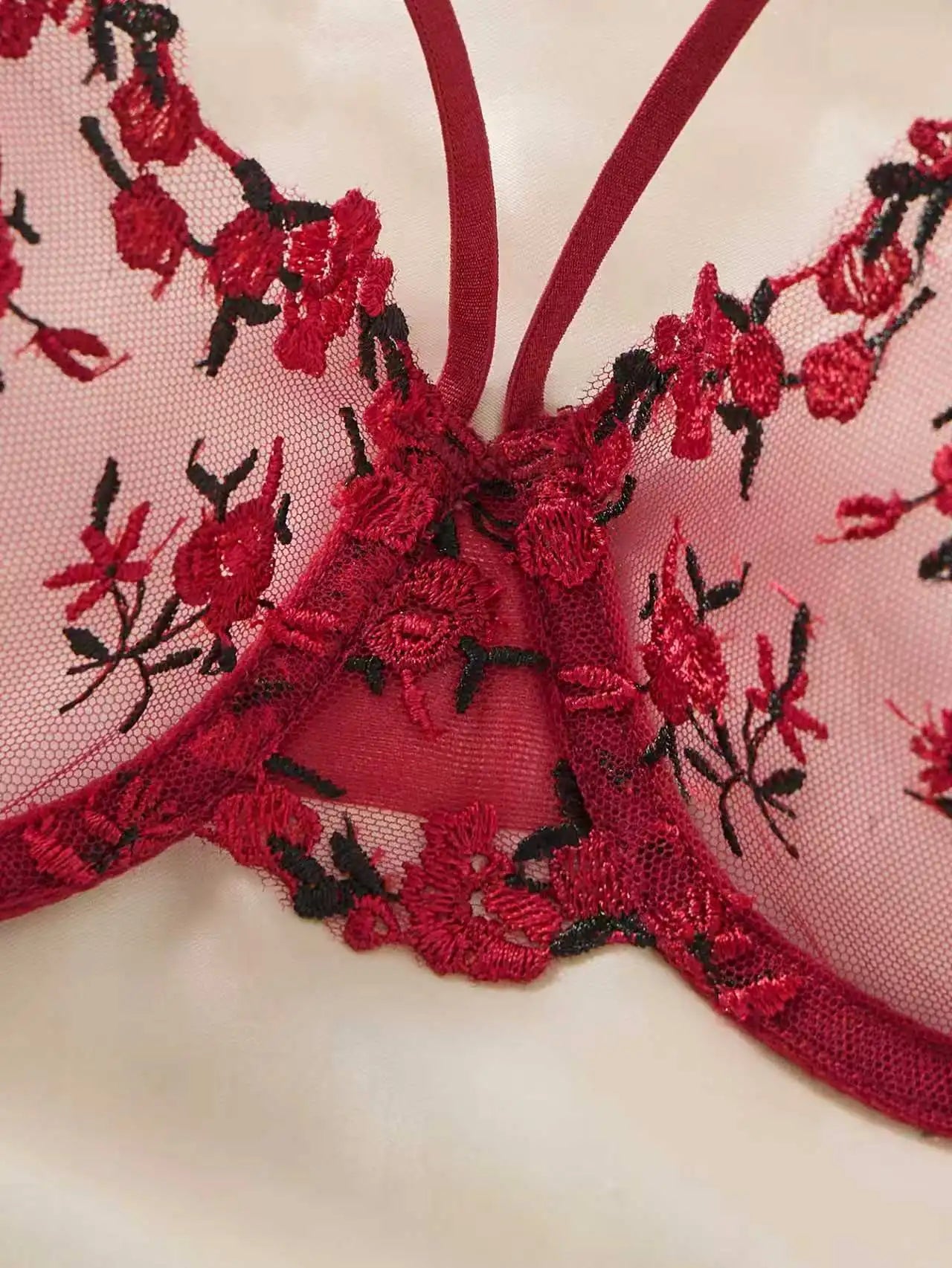 Women WineRed Floral Embroidery Lingerie Set Sheer Mesh Underwire Bra & Adjustable Thong 2‑Piece Intimate Underwear S‑XL
