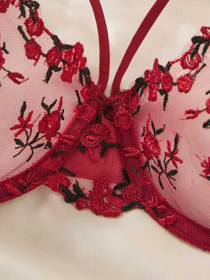 Women WineRed Floral Embroidery Lingerie Set Sheer Mesh Underwire Bra & Adjustable Thong 2‑Piece Intimate Underwear S‑XL