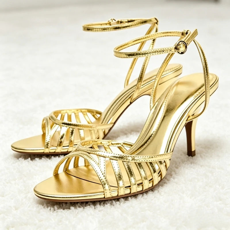 High Quality Summer Women Shoes Gold Ankle Strap Heeled Sandals for Ladies Sexy Open Toe Stilettos High Heels Elegant Party Shoe