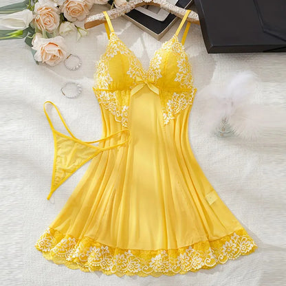 2 Piece Transparent Set Lace Bra Slim Nightgown Set With Thong Erotic Lingerie Pajamas Plus Size Porno Night Dress Sexy Babydoll