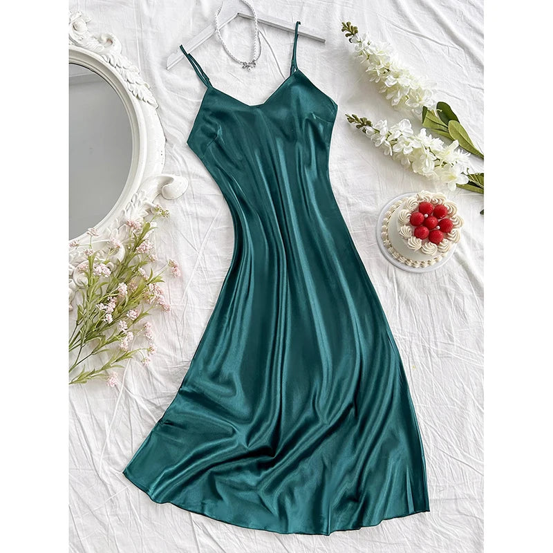 Elegant Satin Women's Nightdress Sexy Comfortable Long Slip Dress Solid Color Pajamas For Women