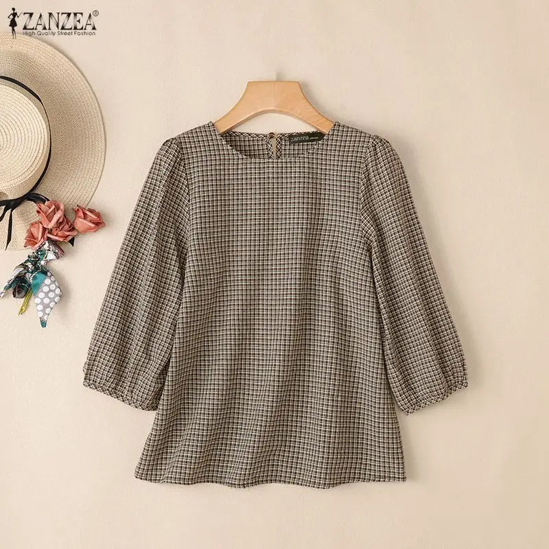ZANZEA Women Classic Plaid Blouses Casual Round Neck 3/4 Puff Sleeves Loose Gingham Tops 2026 Autumn Everyday Wear Blusas Mujer