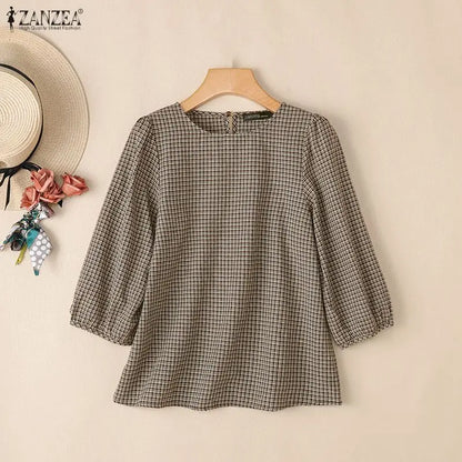 ZANZEA Women Classic Plaid Blouses Casual Round Neck 3/4 Puff Sleeves Loose Gingham Tops 2026 Autumn Everyday Wear Blusas Mujer