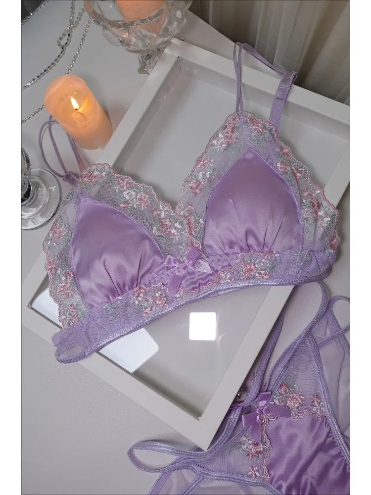 MOYISU Girls French Bra Thin Triangle Cup Purple Embroidery Light Luxury Silk Sexy Pure Desire Lace Underwear Set