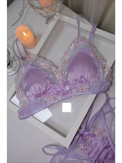 MOYISU Girls French Bra Thin Triangle Cup Purple Embroidery Light Luxury Silk Sexy Pure Desire Lace Underwear Set