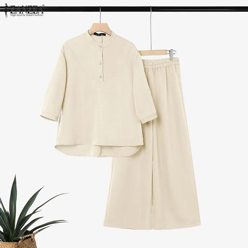 ZANZEASummer  Elegant Stand Neck 3/4 Sleeve Blouse Trousers Suit Women Outfits Casual Solid OL Work Tracksuit 2 Pieces Pant Sets
