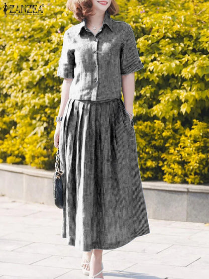 ZANZEA Stylish Office Women Outfits Summer 2 Piece Sets Elegant Lapel Neck Short Sleeve Shirt Midi Dress Sets Stripe Tracksuit