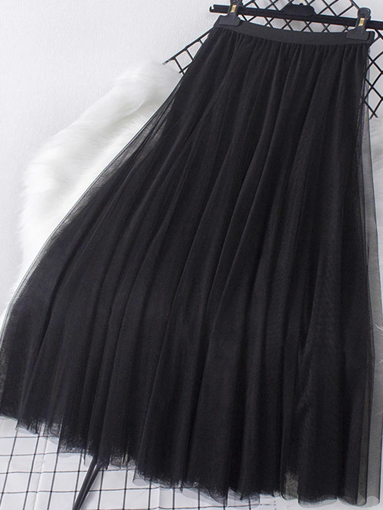 New Big Hem Long Tulle Skirt Women Korean Casual Simple Solid 3 Layers A Line High Waist Maxi Skirt Female Lady Purple