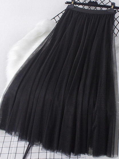 New Big Hem Long Tulle Skirt Women Korean Casual Simple Solid 3 Layers A Line High Waist Maxi Skirt Female Lady Purple