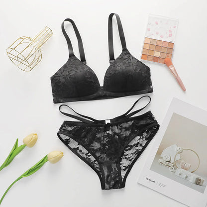Women Sheer Lace Bra Set Front Hook Closure Wireless V Neck Brassiere Burgundy Floral Lace Underwear Panties Suit Sexy Lingerie