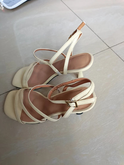 SmallHut New 2026 Trend Ankle Strap Sandals Summer Women Sexy Lady High Heel Red Black Light-Yellow Beige Apricot Buckle Sandals