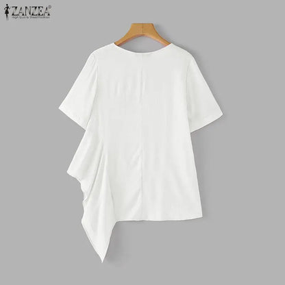 ZANZEA 2026 Woman Crinkled Fabric Asymmetrical Hem Blouses V-Neck Short Sleeve Solid Tops Summer Casual Daily Wear Blusas Mujer
