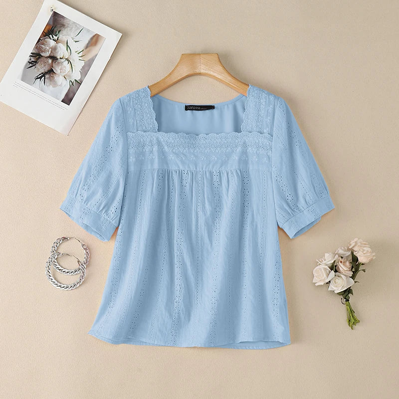 ZANZEA Openwork Embroidered Blouses for Woman Elegant Lace Trim Square Neck Tops Summer Feminine Short Puff Sleeve Blusas Mujer