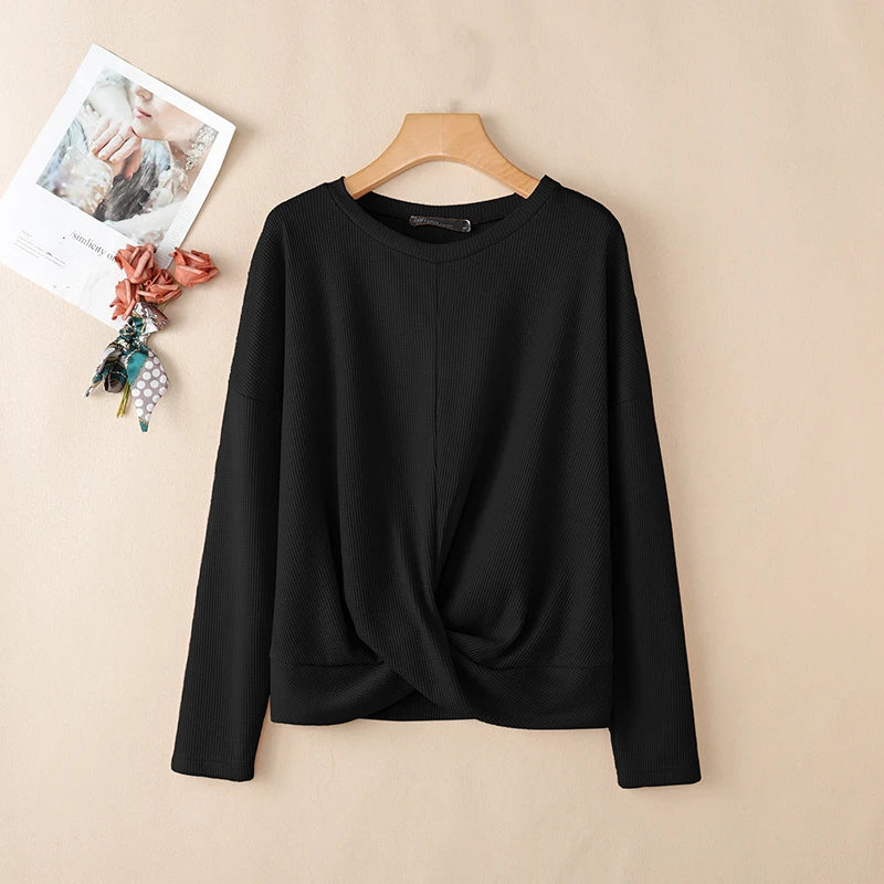 ZANZEA Women Autumn Waffle Knit Long Sleeve T-Shirts Crew Neck Twisted Knot Hem Pullover Tops Casual Loose Solid Woman Clothes