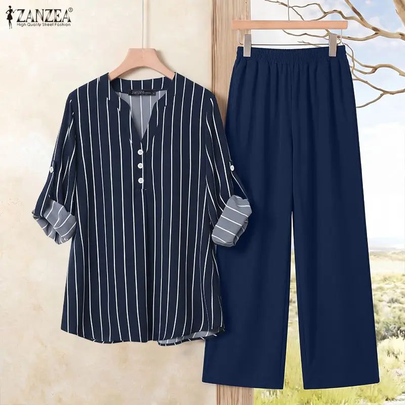 ZANZEA 2PCS Autumn Outfits Casual V Neck Long Sleeve Tops Pant Sets Women Striped OL Style Outfits Stylish 2 Pieces Sets Korean