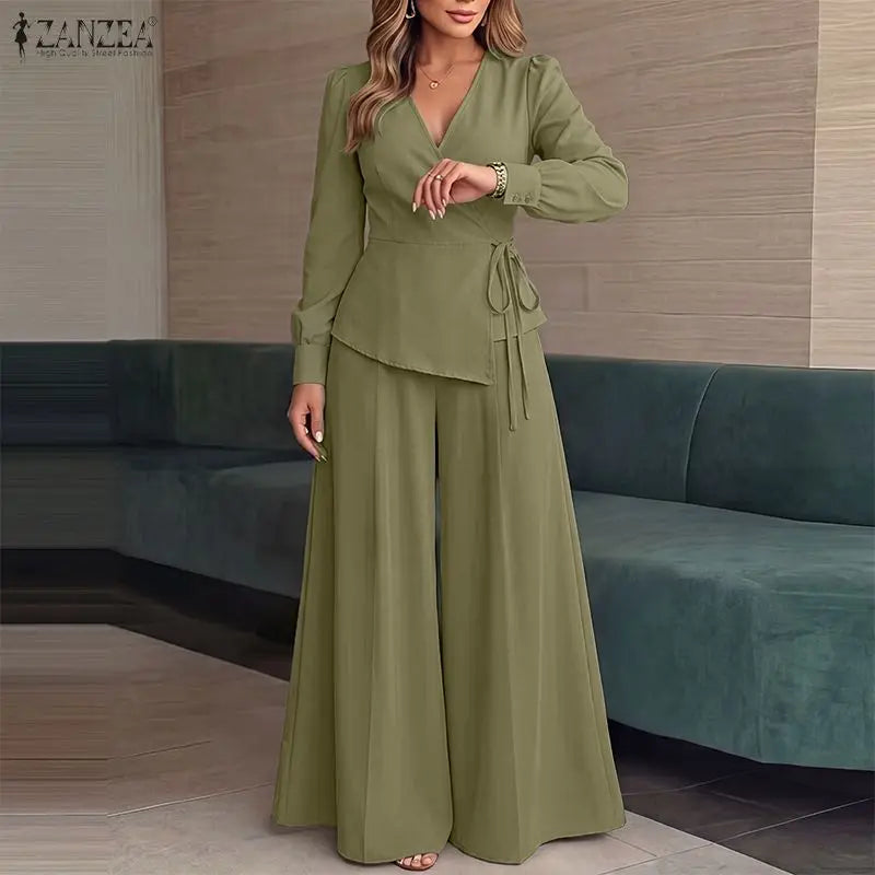 ZANZEA Women Elegant 2 Piece Matching Sets Long Sleeve Wrapped Blouses & Wide Leg Pants 2pcs Suits Casual OL Commute Outfits