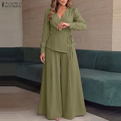 ZANZEA Women Elegant 2 Piece Matching Sets Long Sleeve Wrapped Blouses & Wide Leg Pants 2pcs Suits Casual OL Commute Outfits