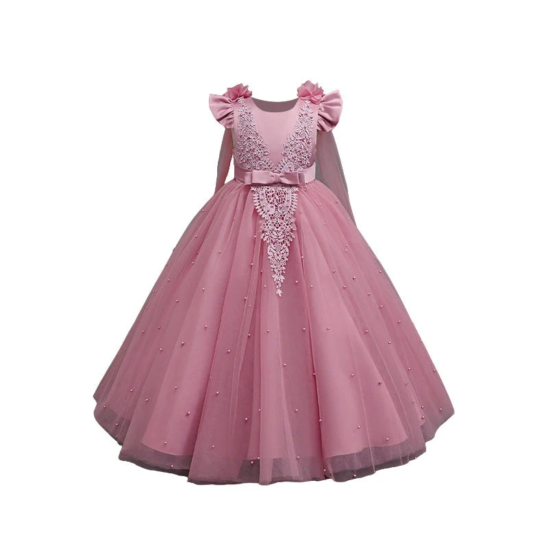 New Lace Bow Shawl Flower Girl Dress with Little Flutter Sleeves for Girls