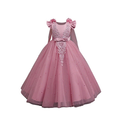 New Lace Bow Shawl Flower Girl Dress with Little Flutter Sleeves for Girls