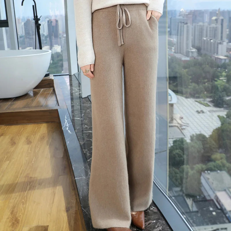 100% Pure Mink Cashmere Knit Wide-Leg Pants Women's Elastic Waist Loose Straight Trousers Leisure Thick Drawstring Mopping Pants