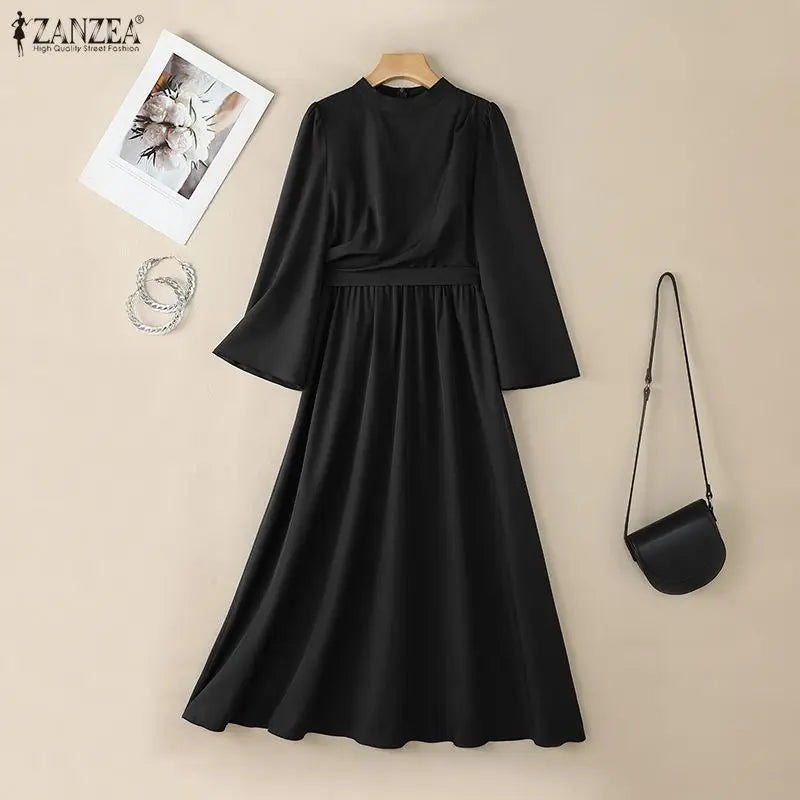 Fashion Muslim Abaya 2026 ZANZEA Women Stand Neck Long Sleeve Pleated Sundress Solid Belted Robe Dubai Hijab Dresses Oversize