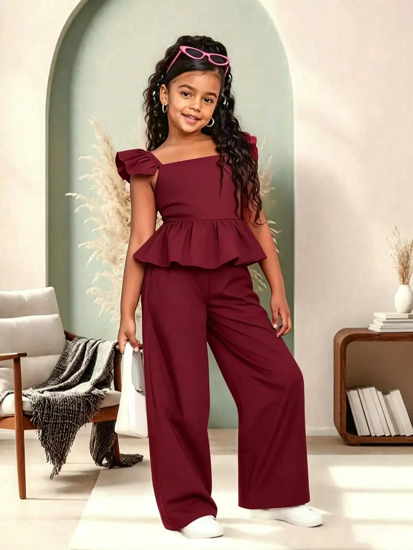 Girls' Peplum Wide Leg Jumpsuit, Casual Slim-Fit, Square Neck, All-In-One Design, Comfortable for Daily Wear & Weekend Trips