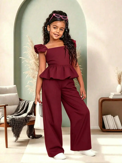 Girls' Peplum Wide Leg Jumpsuit, Casual Slim-Fit, Square Neck, All-In-One Design, Comfortable for Daily Wear & Weekend Trips