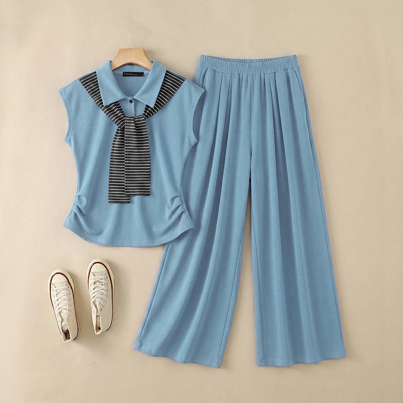 ZANZEA Women 2 Pieces Matching Sets Fashion Striped Tie Patchwork T-Shirt & Wide Leg Pant 2pcs Suits Casual Chic Tracksuits