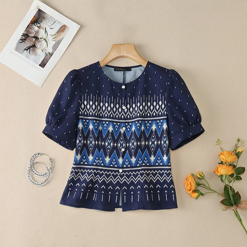 ZANZEA Elegant Ethnic Style Printing Blouses Woman Short Puff Sleeve Button Up O-Neck Shirts Summer Fitted Waist Blusas de Mujer