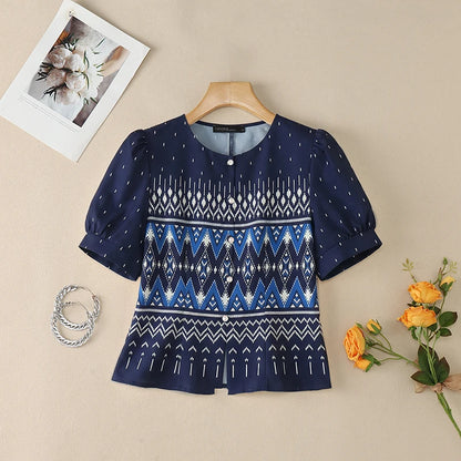 ZANZEA Elegant Ethnic Style Printing Blouses Woman Short Puff Sleeve Button Up O-Neck Shirts Summer Fitted Waist Blusas de Mujer