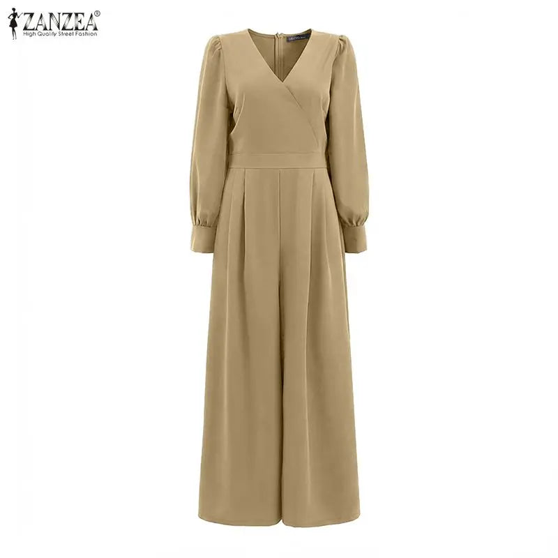 ZANZEA Women's Elegant Wrap V-Neck Jumpsuits Long Sleeve Cinch Waist Solid Color Wide Leg Pant Overalls Woman Fashion Jumpsuit