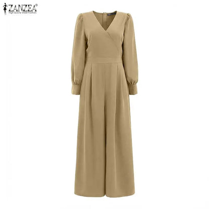 ZANZEA Women's Elegant Wrap V-Neck Jumpsuits Long Sleeve Cinch Waist Solid Color Wide Leg Pant Overalls Woman Fashion Jumpsuit