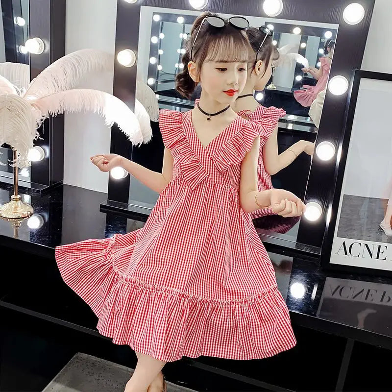 Preppy Cotton Dress 2025 Children's Clothing Elegant Dresses Girl Sets Birthday Summer Clothes Elementary Student Beach Girls