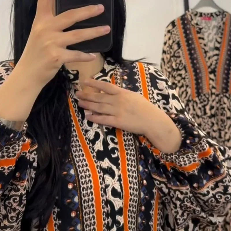 Geometric Pattern Printed Loose Robe Dress Retro Women V Neck High Waisted Long Sleeved Dress Elegant Pleated Autumn Party Dress