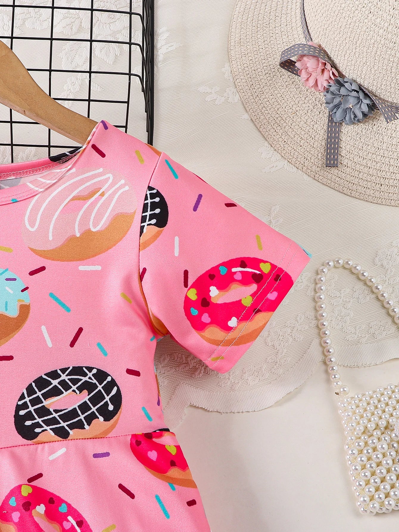 Pink Donut Print round Neck Short Sleeve Dress for Girls Cute Full Print Girl's Dress