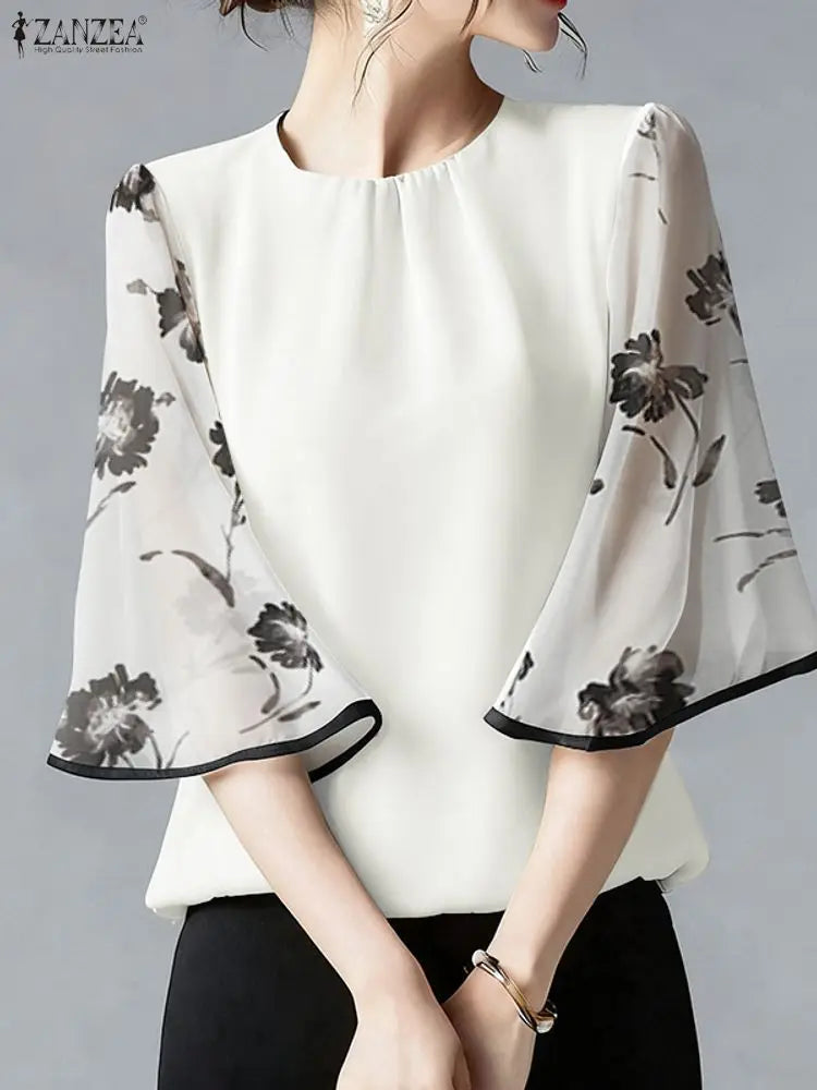 ZANZEA Elegant Women's Blouses Fashion O-Neck Floral Chiffon Sleeve Patchwork Loose Tops 2026 Spring Summer Woman Clothes S-3XL