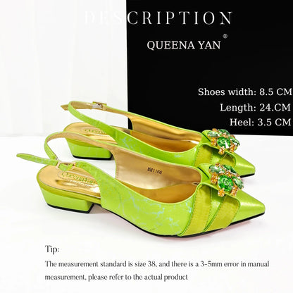 Newest Lemon Green Color Party Weddling Low Heels Pointed Toe Women Shoes and Bag Made of New Bright Materials Comfortable Heels