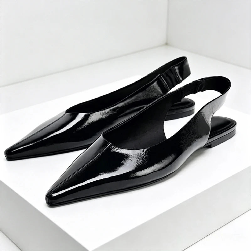 Black Patent Leather Ballet Flats Women Sexy Pointy Toe Slingback Soft Leather Flat Sandals Comfortable Office Shoes for Women