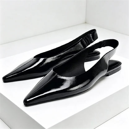 Black Patent Leather Ballet Flats Women Sexy Pointy Toe Slingback Soft Leather Flat Sandals Comfortable Office Shoes for Women