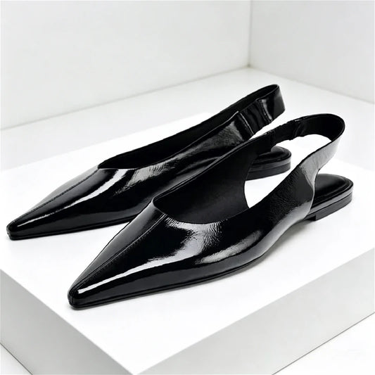 Black Patent Leather Ballet Flats Women Sexy Pointy Toe Slingback Soft Leather Flat Sandals Comfortable Office Shoes for Women
