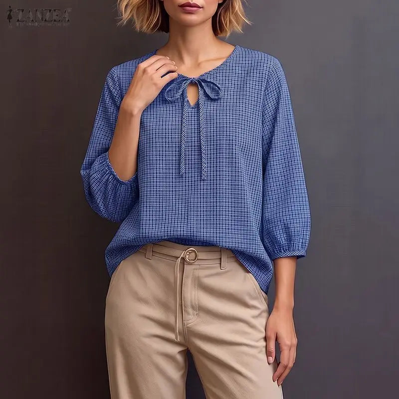 ZANZEA Woman Vintage Gingham Blouses Keyhole Tie-Neck 3/4 Lantern Sleeves Check Loose Tops Autumn Casual OL Work Blusas Mujer