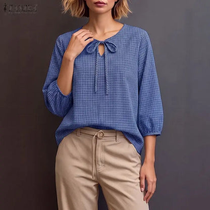 ZANZEA Woman Vintage Gingham Blouses Keyhole Tie-Neck 3/4 Lantern Sleeves Check Loose Tops Autumn Casual OL Work Blusas Mujer