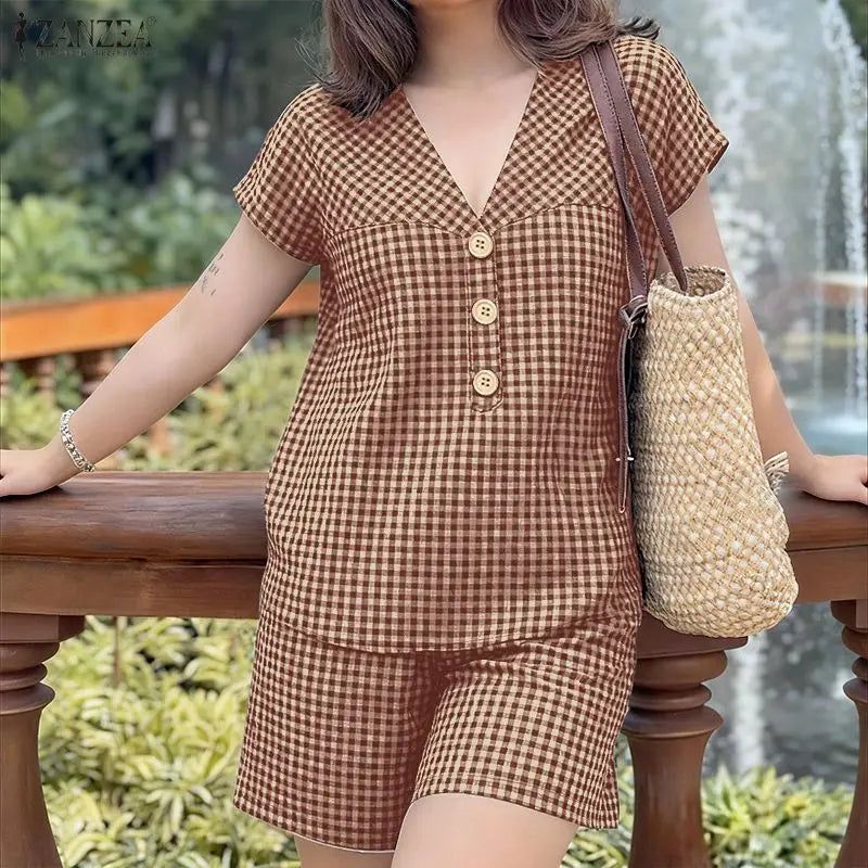 2026 Fashion Summer 2 Pieces Sets ZANZEA Plaid Tracksuit Women V Neck Short Sleeve Blouse Short Sets Casual Holiday Work Outfits