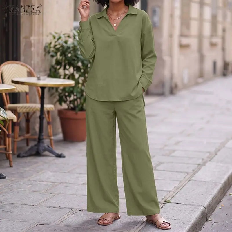 ZANZEA Autumn Outfits Two Piece Sets Women Casual V Neck Long Sleeve Tops With Wide Leg Pants Suits Elegant Solid OL Tracksuit