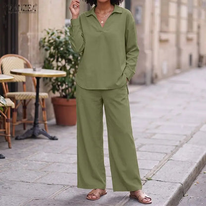 ZANZEA Autumn Outfits Two Piece Sets Women Casual V Neck Long Sleeve Tops With Wide Leg Pants Suits Elegant Solid OL Tracksuit
