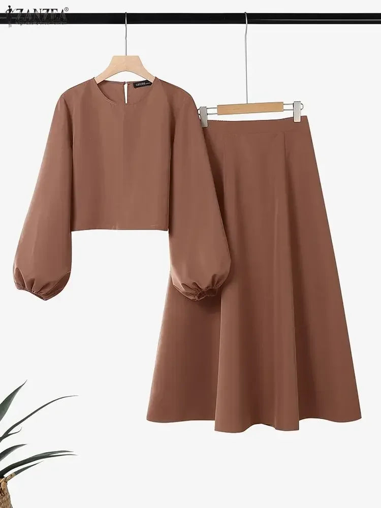 ZANZEA Spring Elegant Long Sleeve Dress Sets Stylish Women 2 Piece Sets Office Outfits Solid Cropped Blouse Skirt Tracksuit 2026